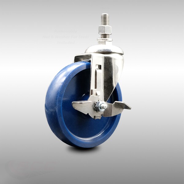 Service Caster 5 Inch 316SS Solid Polyurethane Swivel 10mm Threaded Stem Caster with Brake SCC-SS316TS20S514-SPUS-TLB-M1015 - main